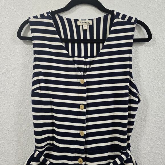 MONTEAU Womens Navy/White Striped Sleeveless Tie Button Up Crop Jumpersuit - Picture 3 of 11